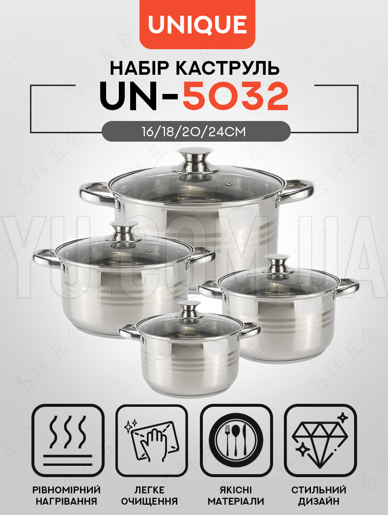 Набір каструль Unique UN-5032 16/18/20/24см Набір каструль Unique UN-5032 16/18/20/24см